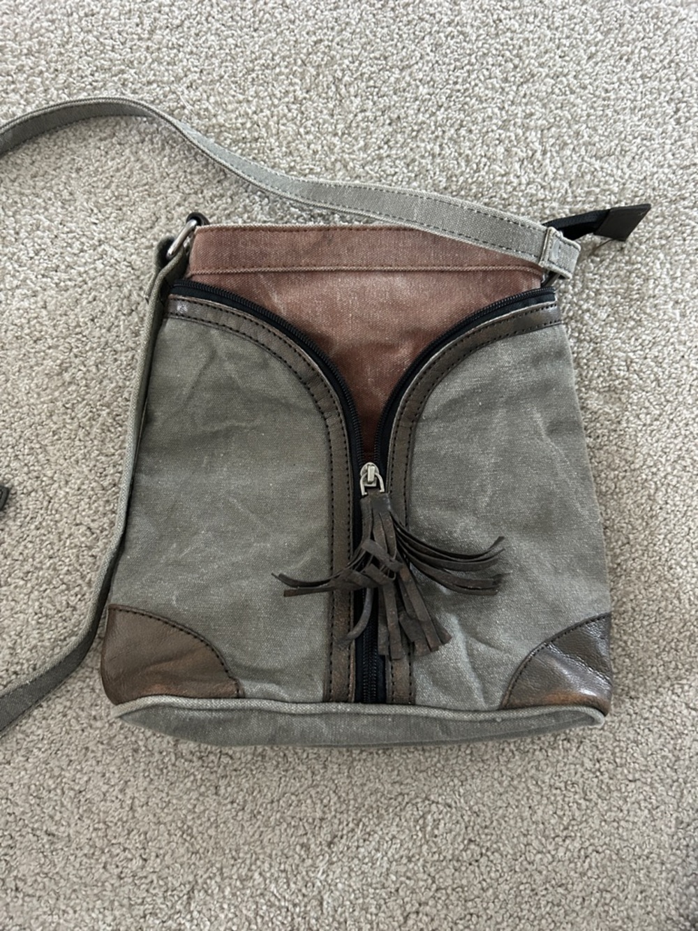 Mona B Olive and Brown Canvas Crossbody Bag